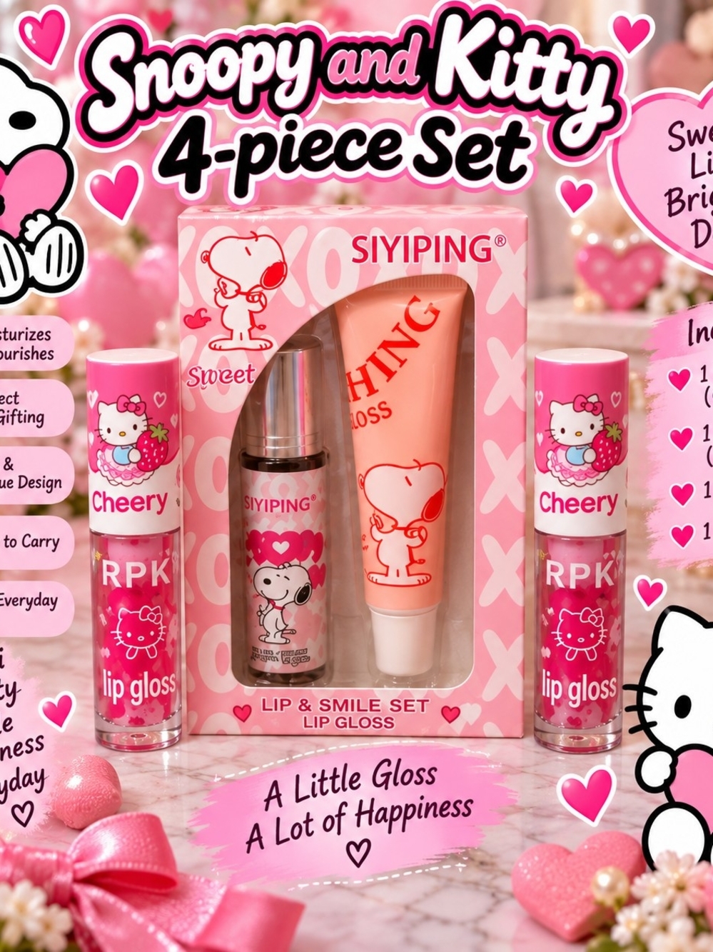 Pink Snoopy & Kitty Lip Gloss Set - 4-Piece Women Skincare